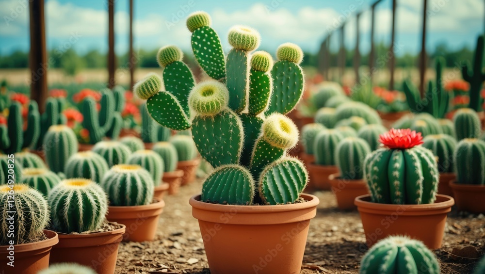 Poster potted cactus plant among assorted cacti in a garden setting with blurred background and vibrant col