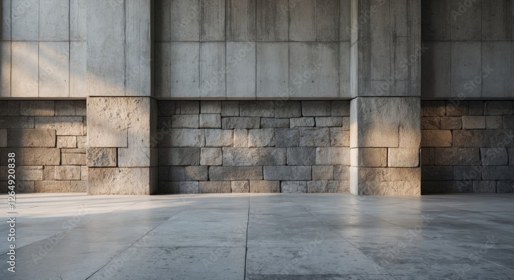 Poster industrial interior with textured concrete walls and stone masonry in an empty spacious room with na