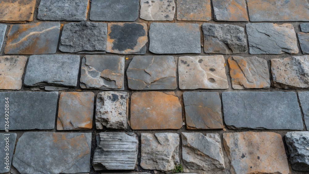 Aufkleber Textured stone wall with various shapes and colors of stones in a pattern suitable for backgrounds Copy Space