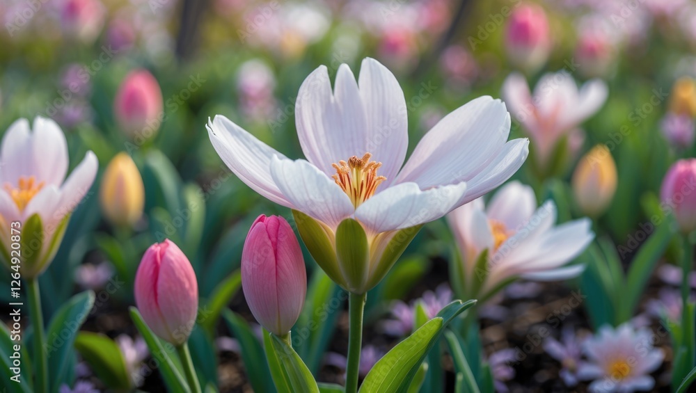 Poster blooming pink and white tulips in a vibrant garden setting with depth of field and natural light cop