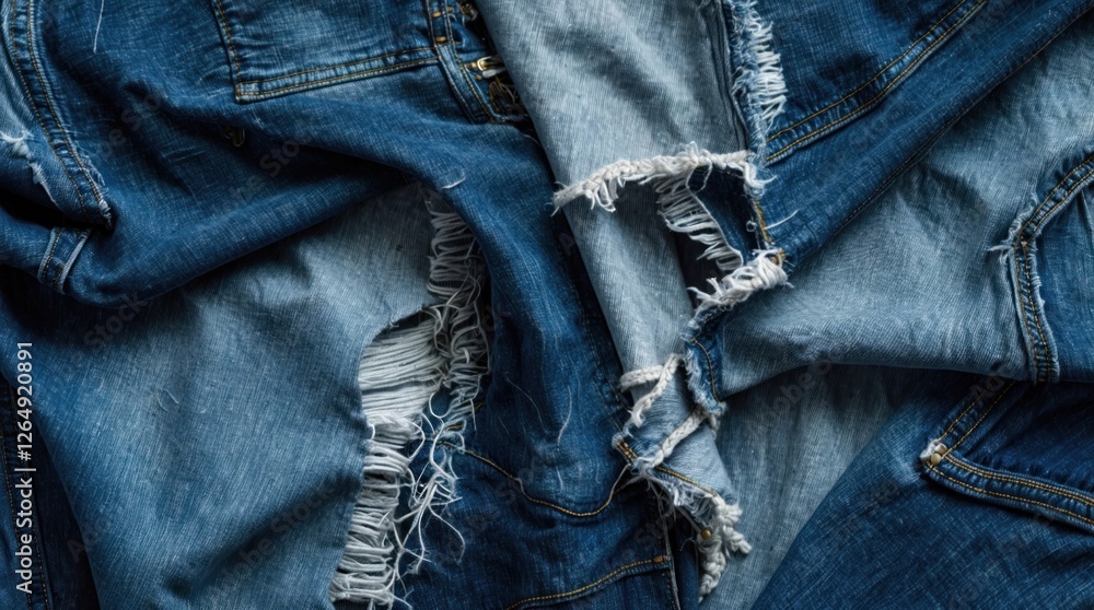 Poster Diverse textures and styles of ripped and distressed denim fabric arranged randomly on a flat surface Copy Space