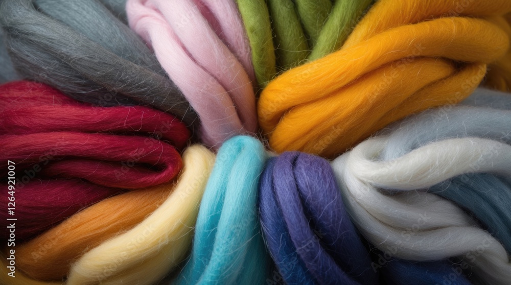 Aufkleber Colorful assortment of wool roving fibers arranged in a circular pattern with soft textures and vibrant hues Copy Space