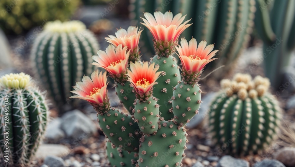 Poster cacti with vibrant orange flowers in a decorative garden setting with blurred background and ample c