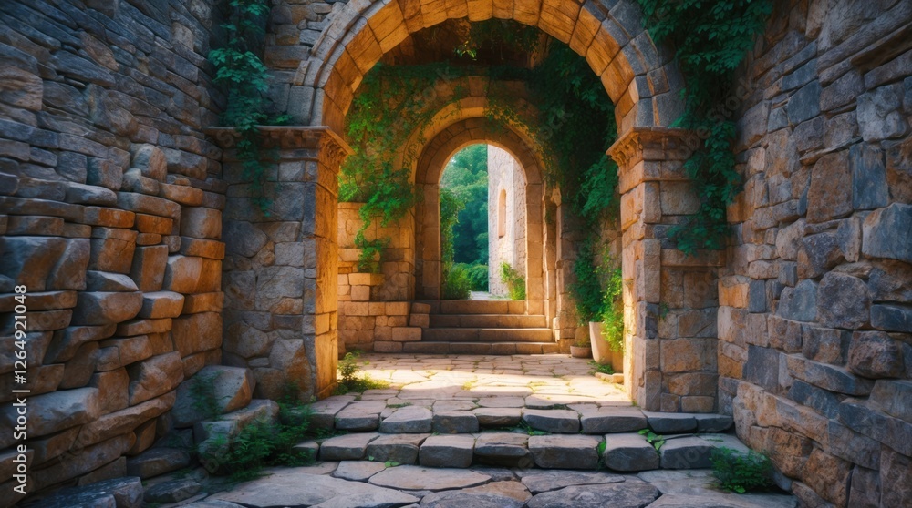Poster Ancient stone archway pathway surrounded by lush greenery and sunlight casting shadows on cobblestone floor with Copy Space