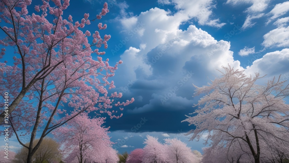 Poster cherry blossom trees under a dramatic sky with clouds in a spring landscape copy space