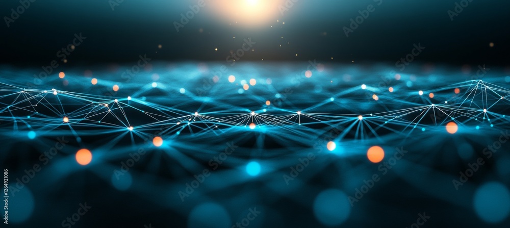 Poster abstract futuristic network connectivity a mesh of luminous nodes and lines on dark blue,