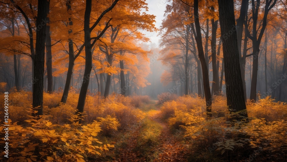 Poster Autumn forest path with trees and vibrant orange foliage surrounded by misty atmosphere and soft light Copy Space