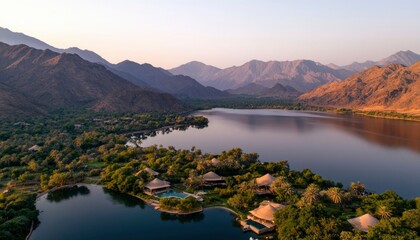 Obraz premium Mountain resort at lake view with sunset background. Travel promo material