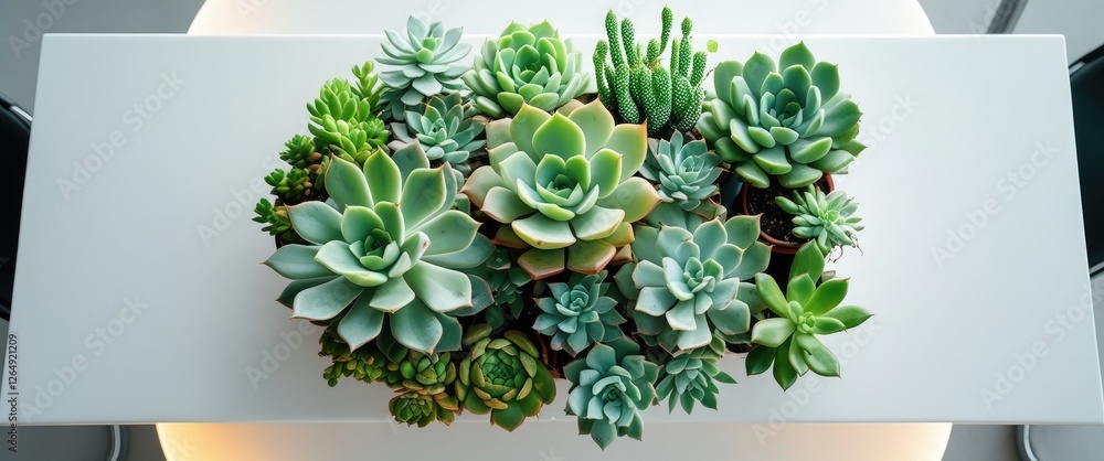 Aufkleber Top view of various succulent plants arranged on a white table with illuminated background and copy space