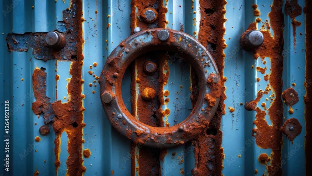 Poster rusty metal surface with circular bolt and corrosion details on blue background. textured industrial