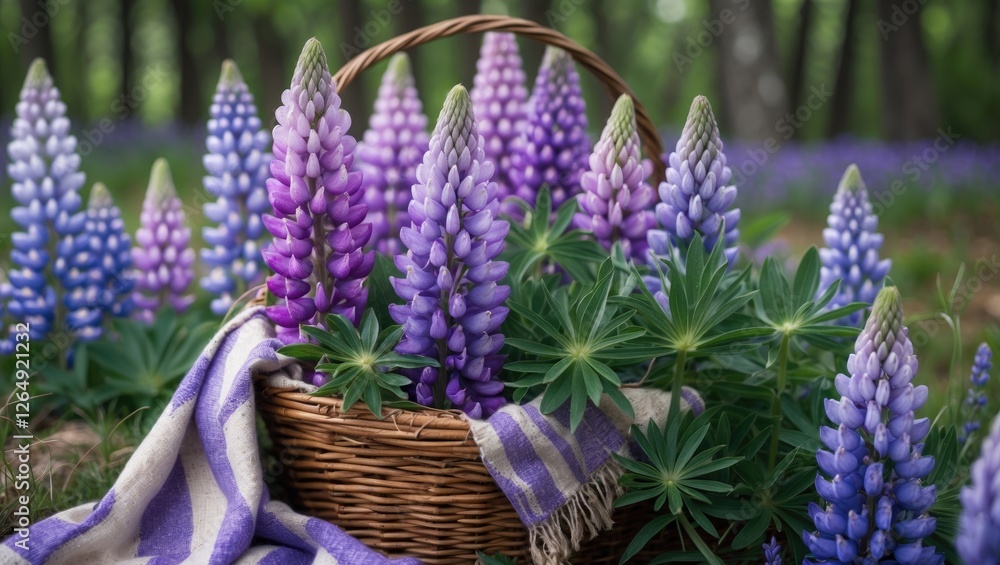 Poster lupine flowers in a wicker basket surrounded by greenery and blanket in a forest landscape with copy