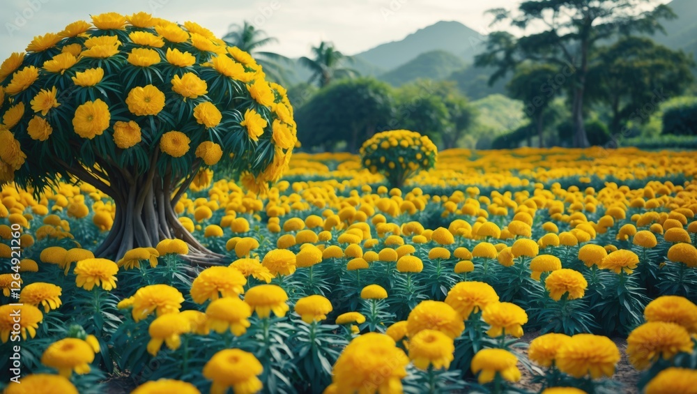 Poster majestic field of vibrant yellow flowers with artistic tree in the center surrounded by lush greener