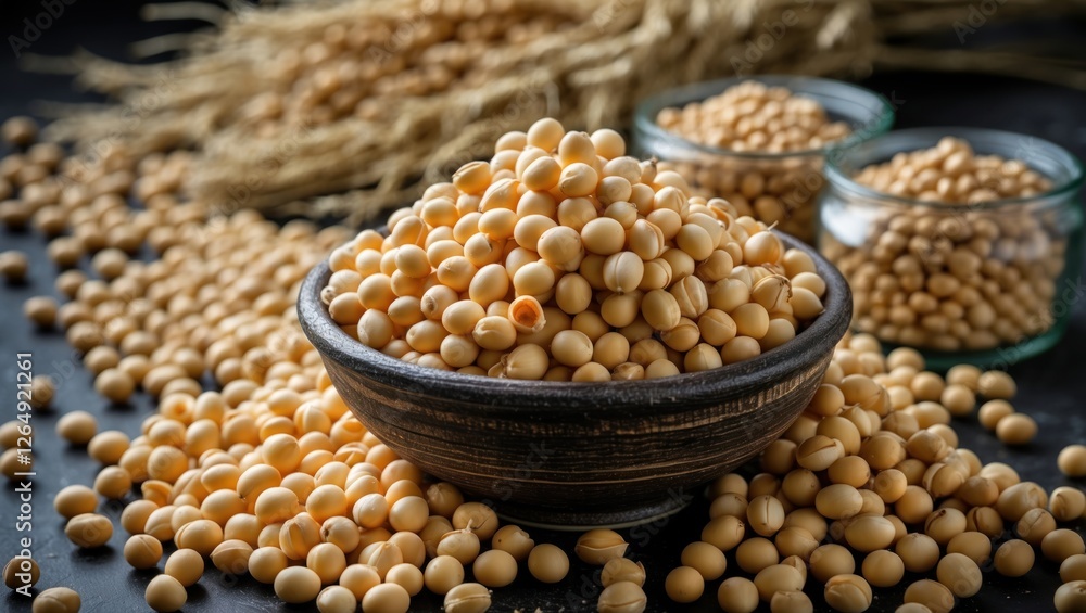 Poster soybean seeds in a wooden bowl with scattered seeds and jars on a dark background copy space