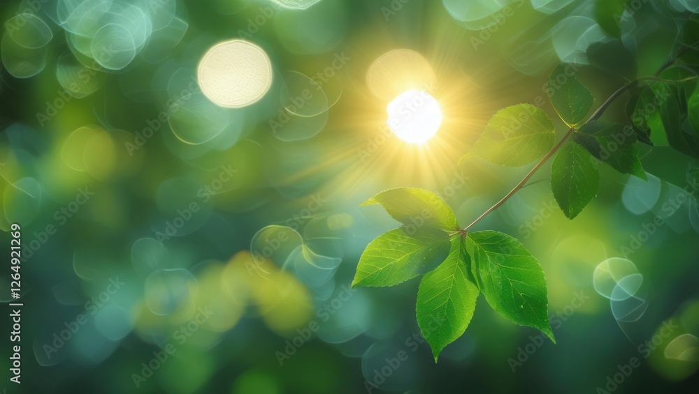 Poster Green leaves with sunlight and bokeh background creating a natural, tranquil atmosphere with copy space for text.