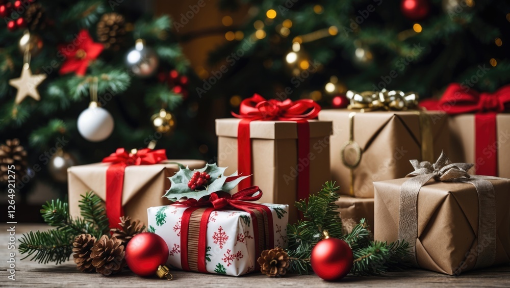Poster christmas gifts with decorative wrapping and ribbons arranged on wooden table in front of a festive 