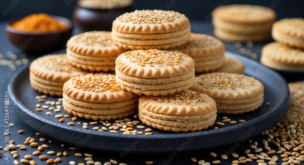 Poster sesame cookies stacked on a dark stone plate with scattered sesame seeds and bowls of spice in the b