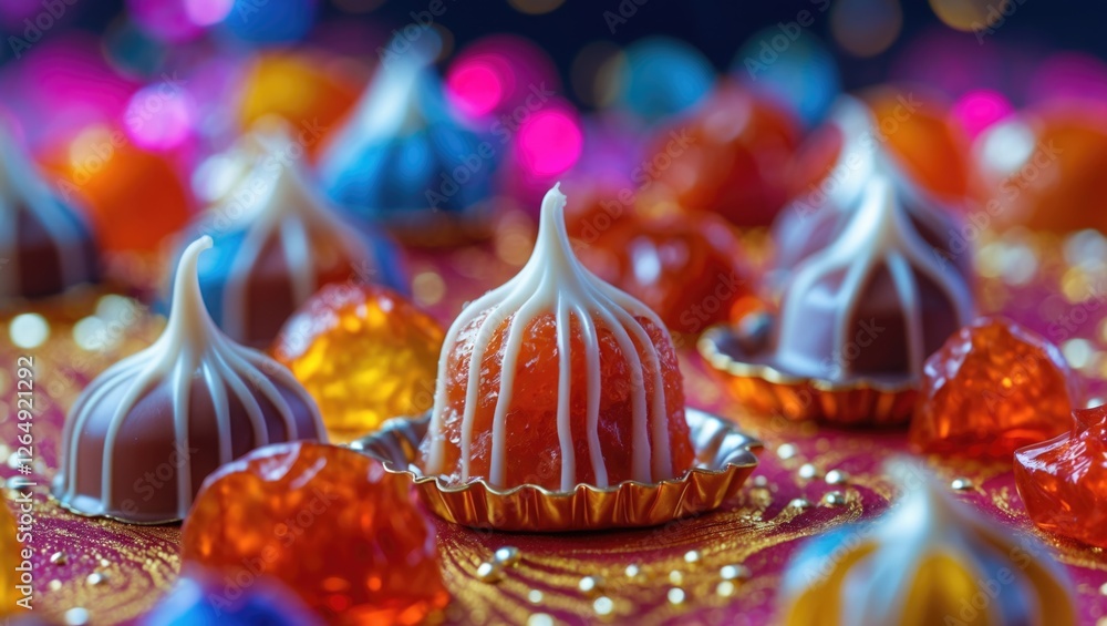 Poster colorful assortment of decorative candies on vibrant background with bokeh highlights and blurred li