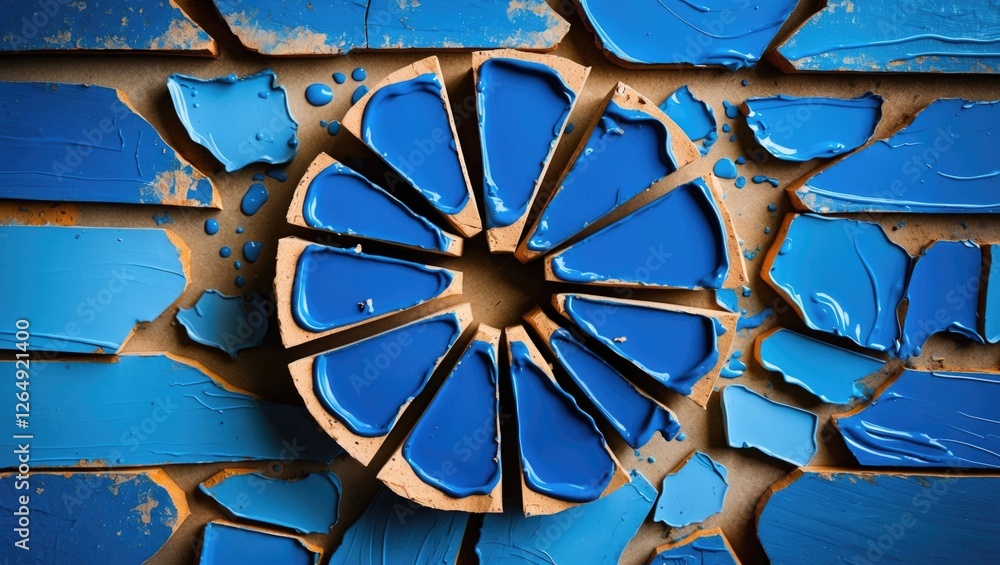 Aufkleber Abstract composition of broken pieces of blue paint arranged in a circular pattern on a textured surface with copy space.