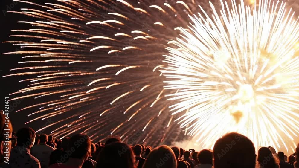Poster slow motion fireworks bursting across darkened sky, painting vibrant patterns of golden, orange, and