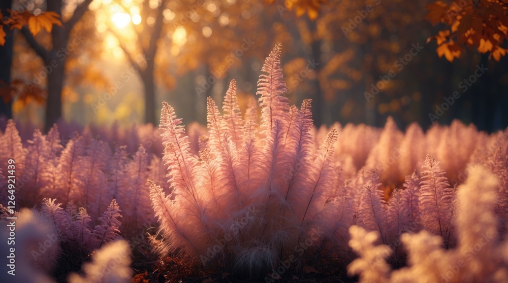 Poster beautiful pink ferns in an autumn forest with soft natural light and out of focus background copy sp