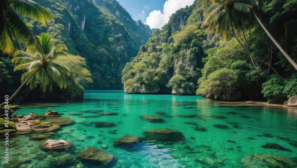 Poster tropical lagoon surrounded by steep cliffs and lush greenery with clear turquoise water and palm tre