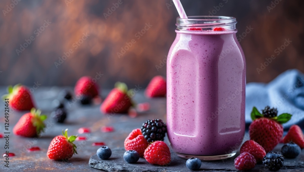 Aufkleber fresh berry smoothie in glass jar with colorful berries on dark stone surface and blue cloth backgro