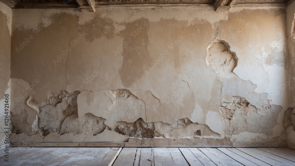 Poster old textured wall with peeling paint and cracks in a vacant room featuring wooden floor and rustic a