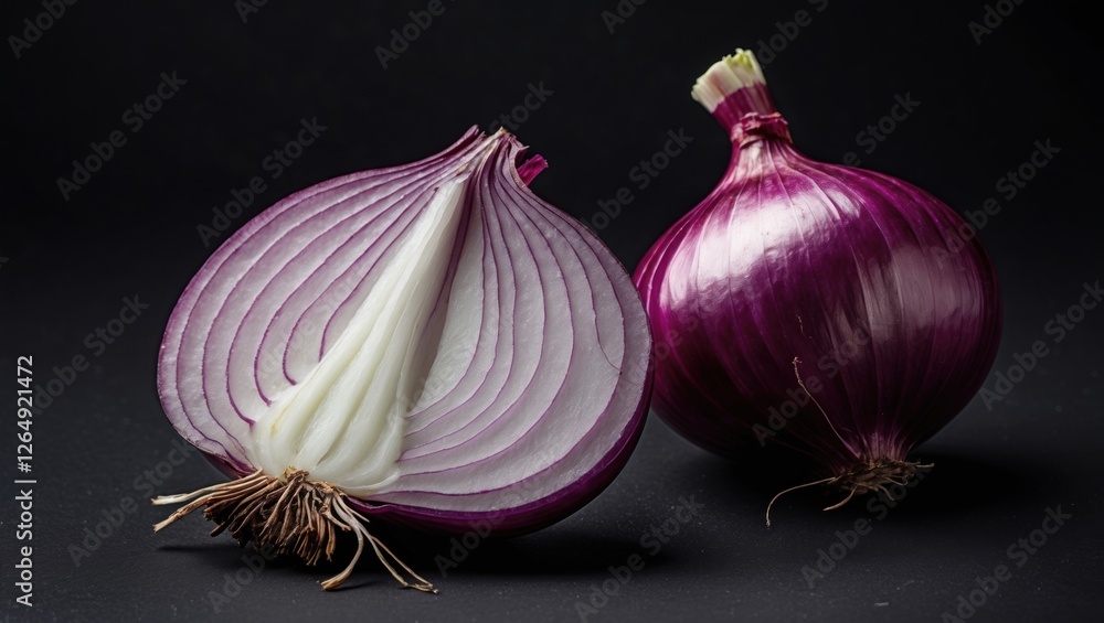 Poster Sliced red onion and whole red onion against dark background with natural lighting isolated on black surface Copy Space