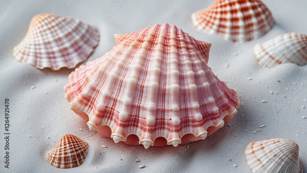 Poster Pink scallop shell surrounded by smaller shells on sandy surface with soft lighting and natural textures, Copy Space