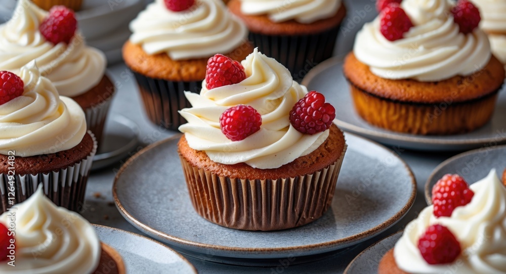 Poster freshly baked cupcakes topped with creamy frosting and raspberries arranged on dessert plates with b