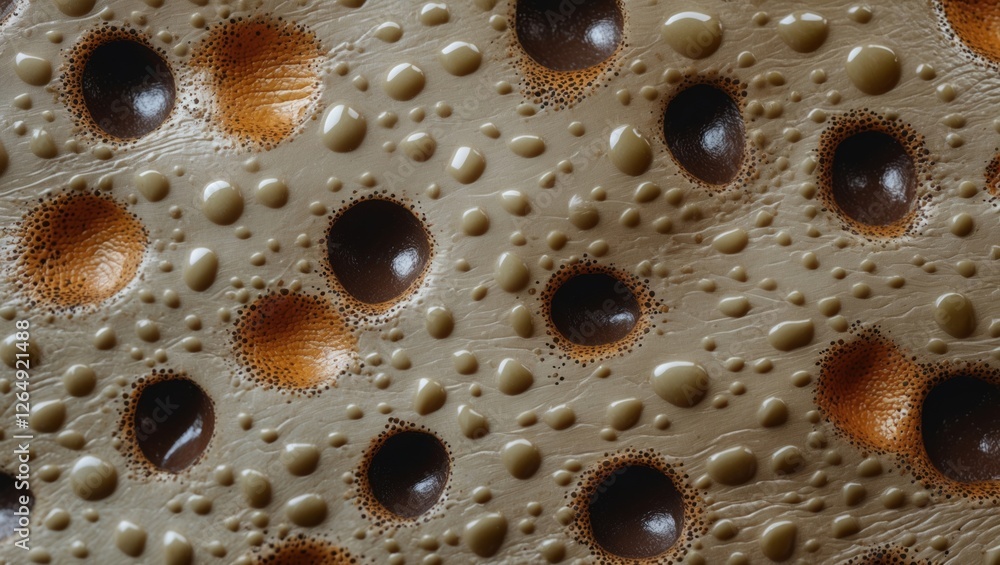 Aufkleber Close-up of textured surface with circular patterns and varying shades of brown and cream colors, featuring droplets and depth detail. Copy Space.