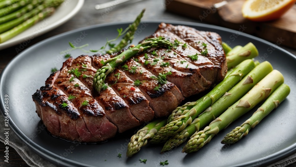 Poster grilled steak with asparagus on a plate garnished with herbs and lemon slices on wooden cutting boar