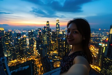 Beautiful young woman takes a selfie with the stunning Singapore cityscape at twilight, showcasing the illuminated skyline and a mesmerizing colorful sky background.