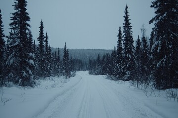 Fototapeta premium Snowy road trip car driving through an evergreen forest after fresh snowfall