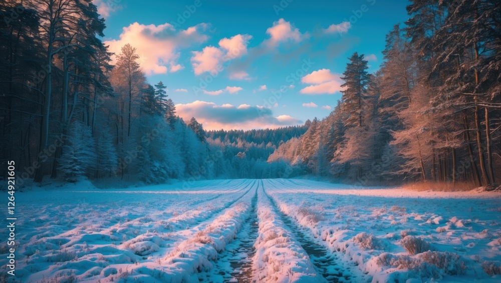Poster winter landscape with snow-covered fields and trees under a blue sky and clouds reflecting warm ligh