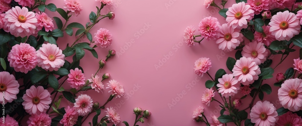 Poster pink flowers with green leaves arranged on a pink background with copy space for text