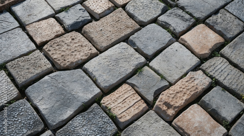 Aufkleber Textured cobblestone pavement with varied shapes and colors, featuring patches of grass in between stones, Copy Space.