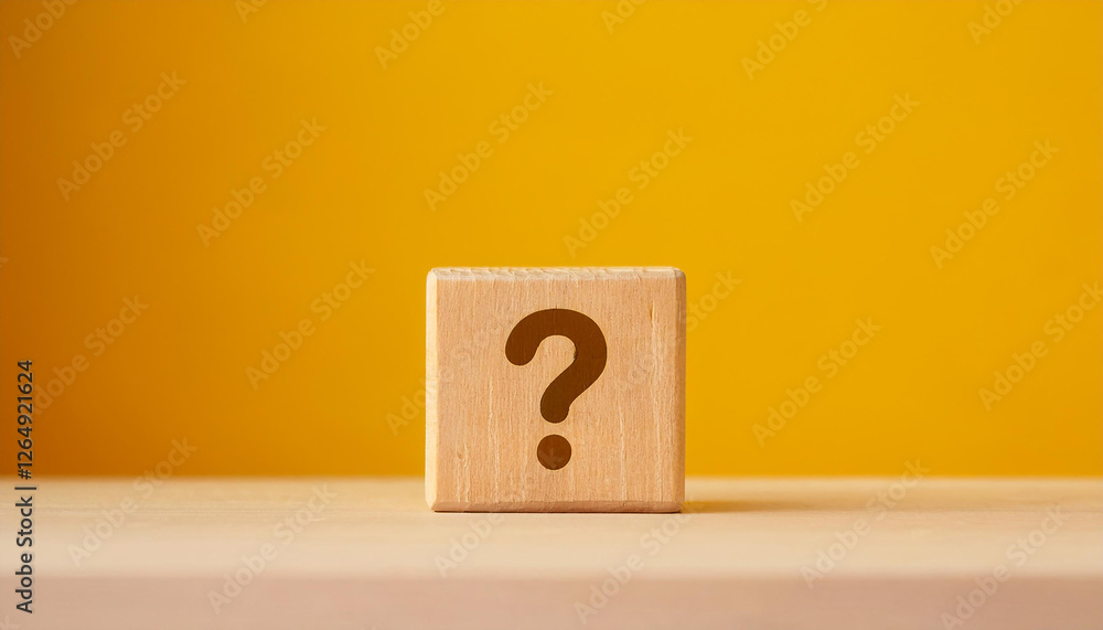 Poster wooden cube with question mark against yellow background. faq and qa. problem solution.