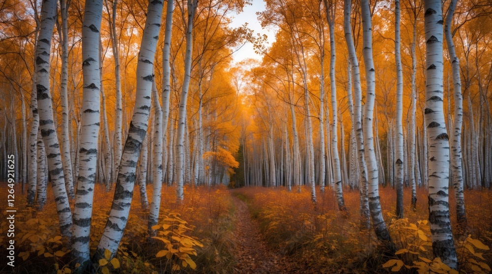 Poster autumn forest scene with vibrant orange foliage and white birch trees along a dirt path leading into
