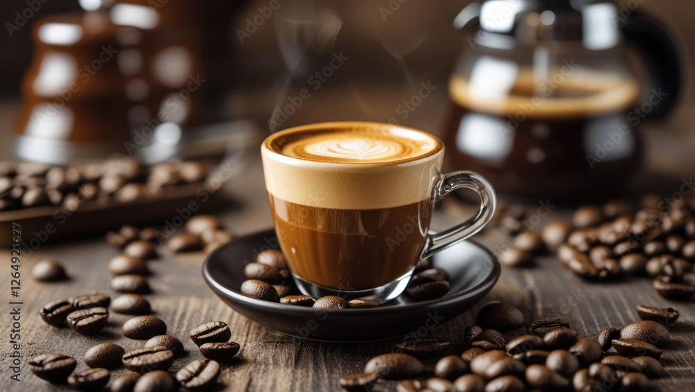 Poster Close-up of a coffee cup with latte art on a saucer surrounded by roasted coffee beans with a coffee pot in the background Copy Space