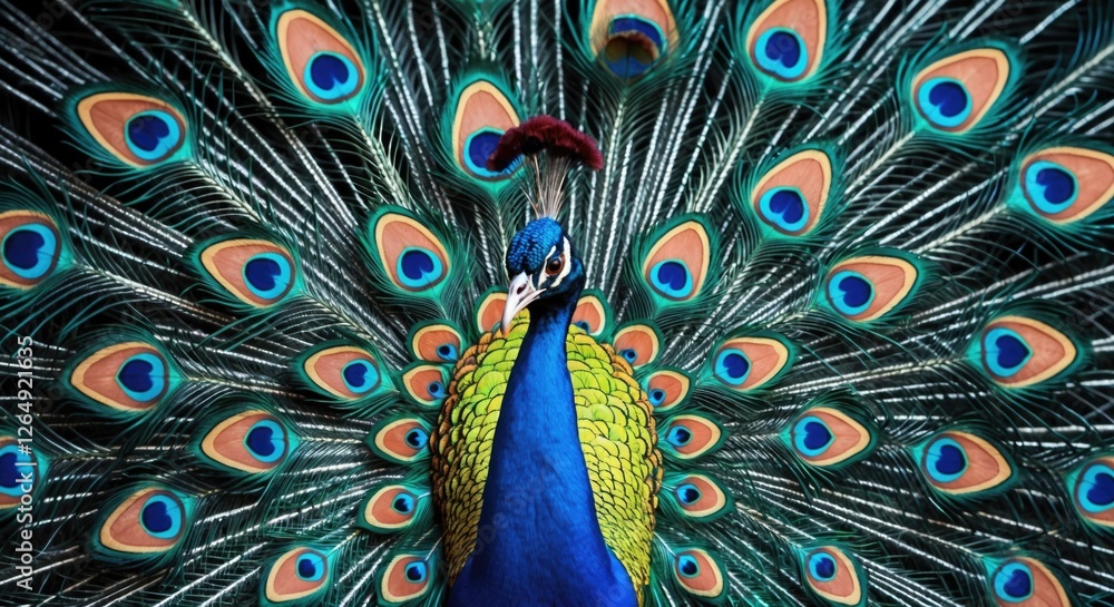 Poster colorful peacock displaying its feathers in full plumage with vibrant hues of blue and green against