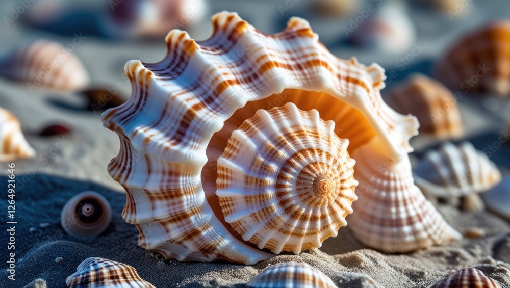 Aufkleber Close-up of a large spiral seashell with intricate patterns and textures on sandy beach with various smaller shells in background Copy Space