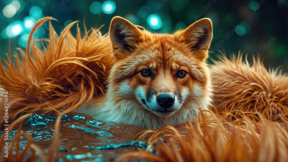 Poster close-up portrait of a fox with lush fur in a natural setting surrounded by water and foliage copy s