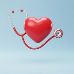 Floating 3D red heart surrounded by a stethoscope on a light blue background, with space for text. Ideal for health-related banners and app designs.