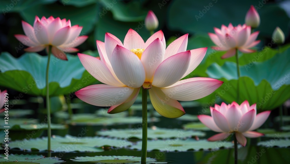 Poster lotus flowers blooming in tranquil pond surrounded by lily pads with green foliage in background cop