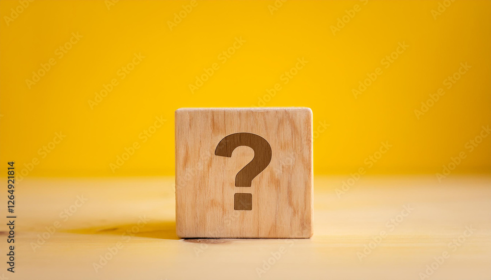 Aufkleber Wooden cube with question mark against yellow background. FAQ and QA. Problem solution.