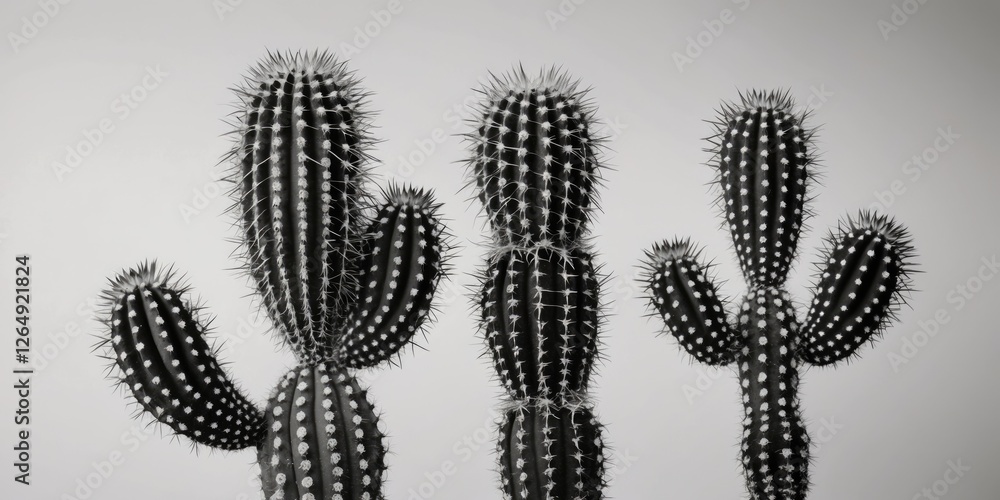 Aufkleber Black and white photograph of multiple cactus plants with distinct shapes and textures isolated on a plain background with Copy Space