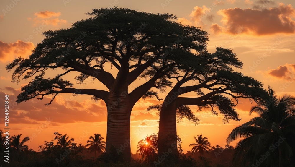 Poster Silhouette of two large baobab trees against a vibrant sunset sky with clouds and palm trees in the foreground. Copy Space.
