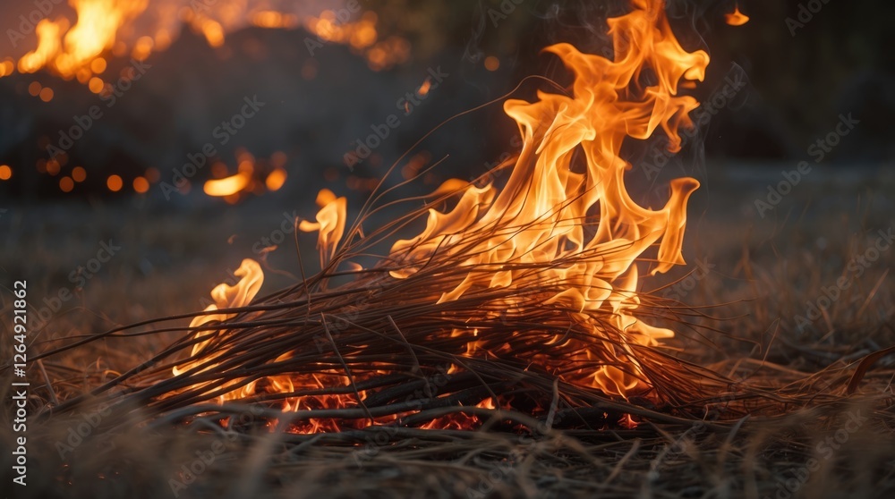 Poster flames from burning branches on dry grass with blurred background of glowing embers in a forest fire