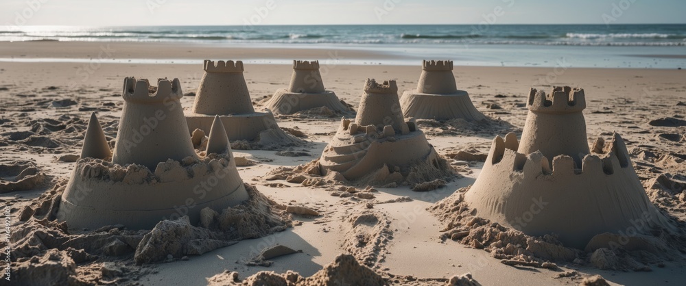 Poster Sandcastles on the beach with ocean in background showcasing detailed structures and warm lighting ideal for summer themes Copy Space
